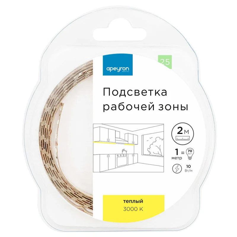 Лента светодиодная Apeyron 3000К 10 Вт/м 12 В IP20 SMD 5050 2 м (25ПРЗ)