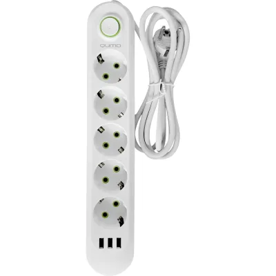 Сетевой фильтр QUMO Power Bar Light SPFS (P-0009), 5 розеток, 2500 Вт, 10A, кабель 3м 3*0,75 мм CCA, пожаробезопасный пластик, евровилка, 3 USB-A порта 1A суммарно (цвет белый) 51554