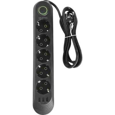 Сетевой фильтр QUMO Power Bar Light SPFS (P-0009), 5 розеток, 2500 Вт, 10A, кабель 3м 3*0,75 мм CCA, пожаробезопасный пластик, евровилка, 3 USB-A порта 1A суммарно (цвет черный) 51555