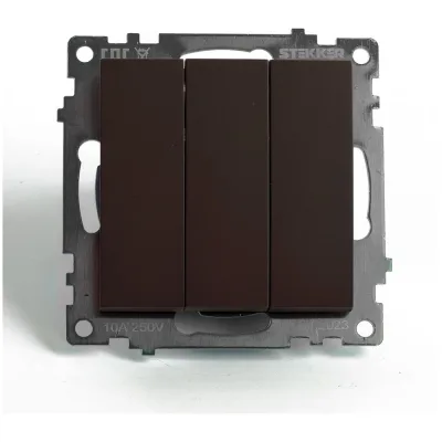 3-клавишный выключатель STEKKER (механизм), gls10-7108-04, 250v, 10а, серия катрин, шоколад, 49175