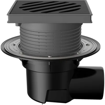 Регулируемый трап Fachmann t 615.1 pnsp 241x241 мм, горизонтальный выпуск, dn 110, с корзинкой и незамерзающим сифоном, с прижимным фланцем, решетка чугунная, пластиковый подрамник 04.098