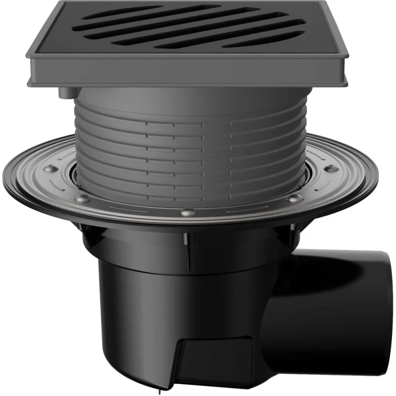 Регулируемый трап Fachmann t 615.1 pnsp 241x241 мм, горизонтальный выпуск, dn 110, с корзинкой и незамерзающим сифоном, с прижимным фланцем, решетка чугунная, пластиковый подрамник 04.098