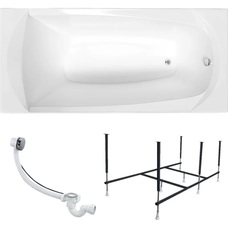 Ванна акриловая 1Marka ELEGANCE 165x70 см, в наборе 3 в 1: прямоугольная ванна, усиленный металлический каркас, слив-перелив хром 01эл16570кс2+