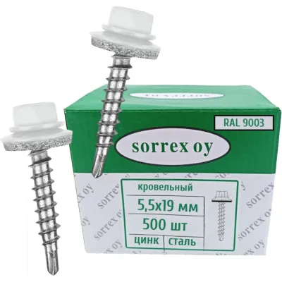Саморезы кровельные со сверлом SORREX по металлу, оцинкованные, RAL9003 5,5x19 окрашенные, с пресс-шайбой, для профнастила и металлочерепицы, 500 шт. KRS-R9003-055-019 500