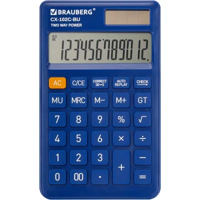 Калькулятор карманный BRAUBERG CX-102C-BU (76x126мм), 12 разрядов, двойное питание, синий 272648