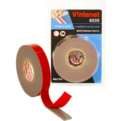 Монтажная клейкая двусторонняя лента Vintanet 6535, универсальная, 12 мм х 1,5 м 12MMX1,5M