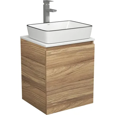 Тумба Bauedge Bau Dream Blackwood 50 с дверцей, раковина BAU Hotel Black Rand 48х37, смеситель для раковины высокий Hotel Still, нержавеющая сталь SD3060