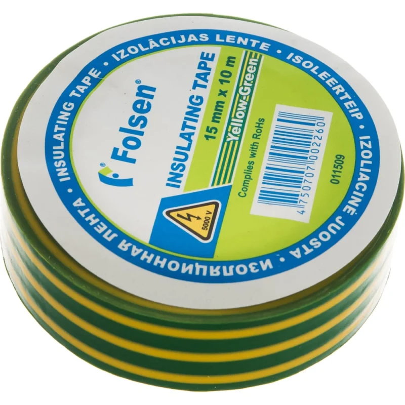Изоляционная лента Folsen 15ммx10м желто-зеленая 011509