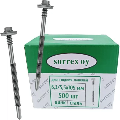Саморез для крепления сэндвич-панелей SORREX 6,3/5,5x105, оцинкованный, 500 шт. SSP-1-063-105 500