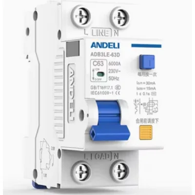 Дифференциальный автоматический выключатель ANDELI ADB3LE-63D 1P+N 25А 30mA электромеханический тип AС, тип С, 6kA (R) ADL02-076