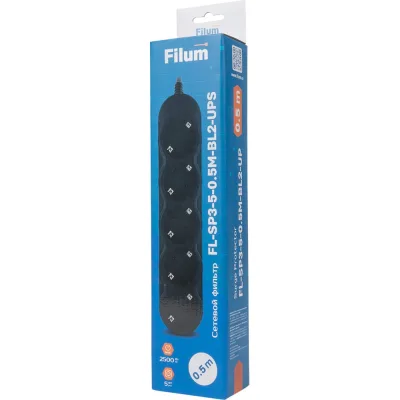 Сетевой фильтр Filum FL-SP3-5-0.5M-BL2-UPS 2500 Вт., 5 розеток, шнур 0.5 м. с вилкой IEC60320 C14, черный, 00-01095522