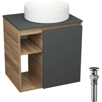 Тумба Bauedge Bau Dream Blackwood 60 правая, графит, раковина BAU Dream круглая D41, выпуск клик клак черный SD4237
