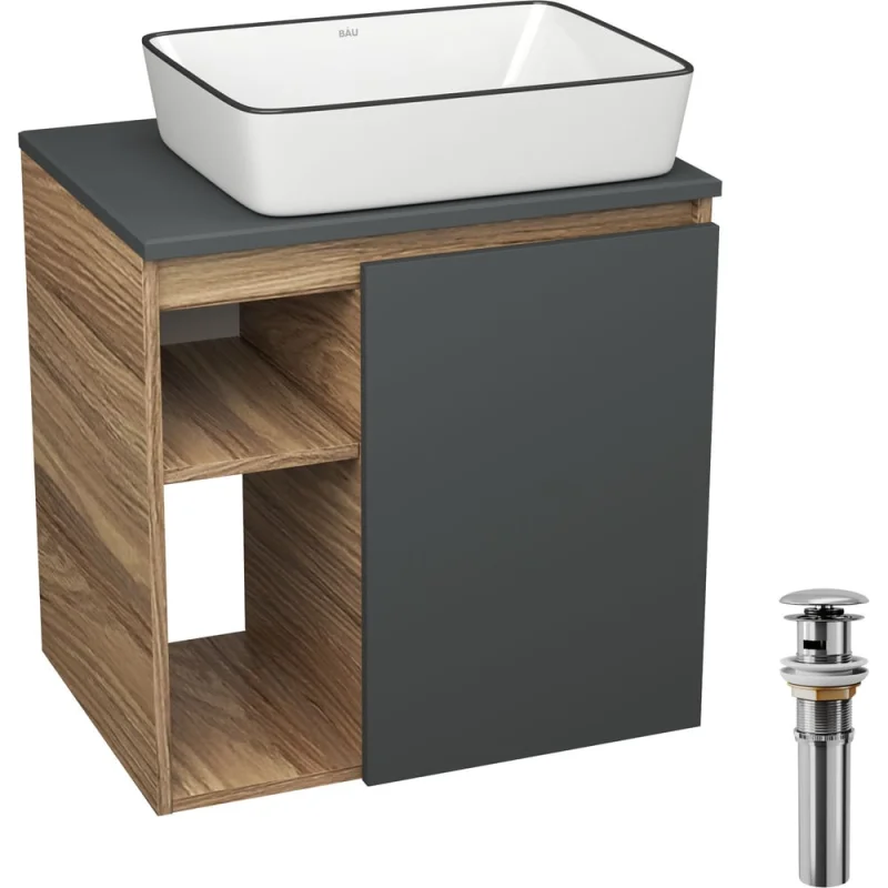 Тумба Bauedge Bau Dream Blackwood 60 правая, графит, раковина BAU Hotel Black Rand 48х37, выпуск клик клак хром SD4244