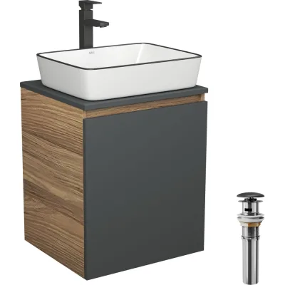 Тумба Bauedge Bau Dream Blackwood 50 графит, раковина Hotel Black Rand 48х37, смеситель для раковины высокий, черный, выпуск клик-клак SD4063