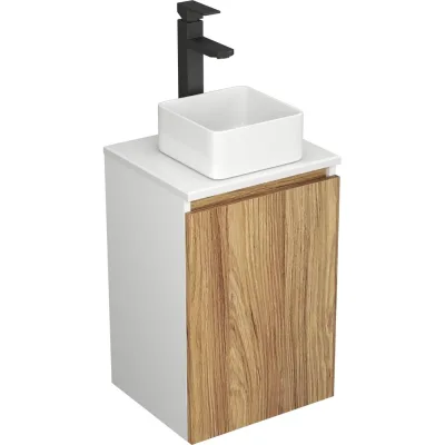Комплект для ванной Bauedge 3 предмета (тумба Bau Dream Blackwood 40, раковина BAU Mini 24x24, смеситель для раковины высокий Hotel Black, черный) BD1518
