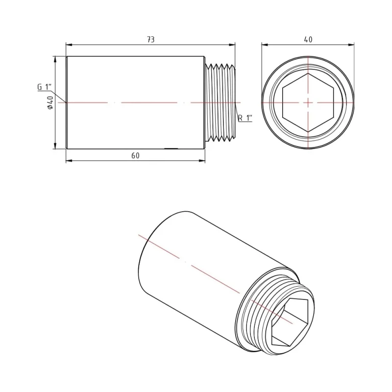 Π£Π΄Π»ΠΈΠ½ΠΈΡΠ΅Π»Ρ Valtec Π²Π½ΡΡΡΠ΅Π½Π½ΡΡ ΡΠ΅Π·ΡΠ±Π° 1"x60 ΠΌΠΌ Ρ
ΡΠΎΠΌ VTr.198.C.0660