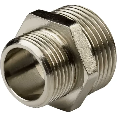 Ниппель переходной ДМЗ DN15x20 (1/2"НР х 3/4"НР) латунь никель (упаковка 5 шт) ДМЗ.006.15х20Н5