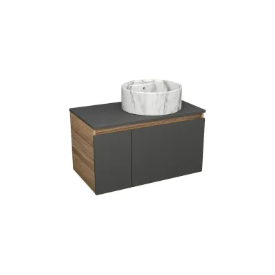 Комплект Bauedge тумба подвесная Bau Dream Blackwood графит 80, 1 ящик, дверца слева, раковина круглая накладная BAU Element D41, мрамор, выпуск клик клак хр BD3072