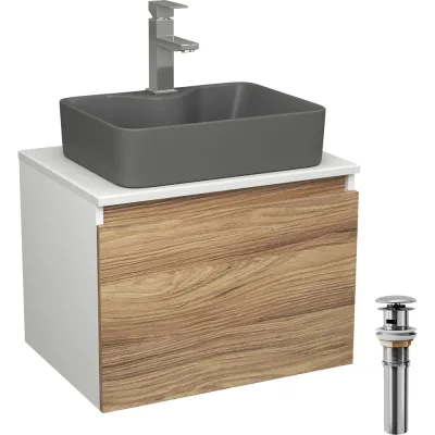 Комплект Bauedge тумба Bau Dream Blackwood 60, 1 ящик, раковина BAU Cerama 48x37, темно-серая, смеситель Hotel Stil, нерж. сталь, выпуск клик клак хром BD2816