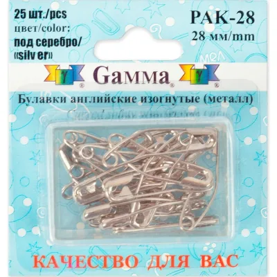 Английские булавки Gamma PAK-28 изогнутые под серебро сталь в блистере, 25 шт, 28мм, 431318