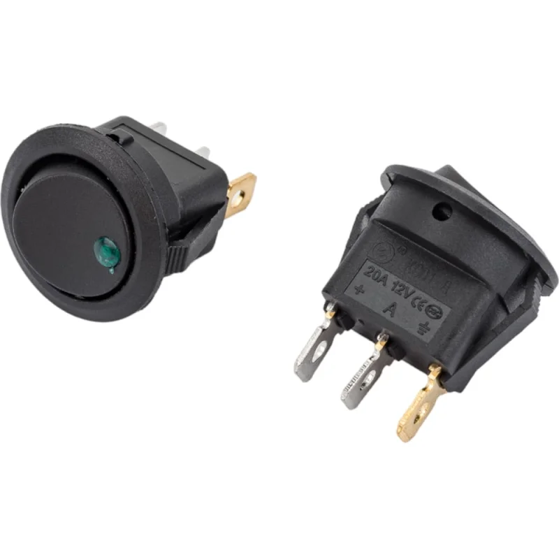 Круглая клавиша Nord-Yada 12V 20А черная с зеленой LED подсветкой (3контакта) ON-OFF (2шт в упаковке) 905475