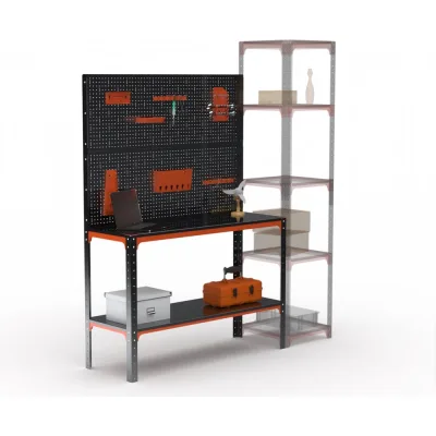Стол-верстак ООО Металекс серия KIT 950х1600х600, одна полка, двойная перфопанель с комплектом аксессуаров, оранжево-черный 204679