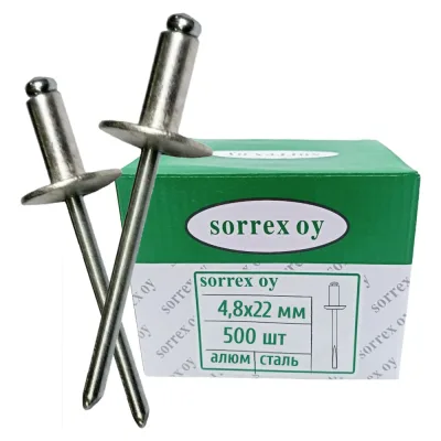 Вытяжная заклепка SORREX широкий бортик 16 мм, 4,8x22, алюминий/сталь, 500 шт. 2ASLA 48220 500