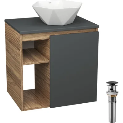 Тумба Bauedge Bau Dream Blackwood 60 правая, графит, раковина BAU Crystal 40х40, выпуск клик клак черный SD4282