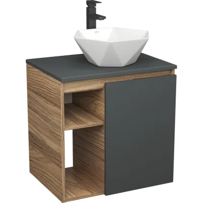 Тумба Bauedge Bau Dream Blackwood 60 правая, графит, раковина BAU Crystal 40х40, смеситель для раковины высокий Hotel Black черный SD4283