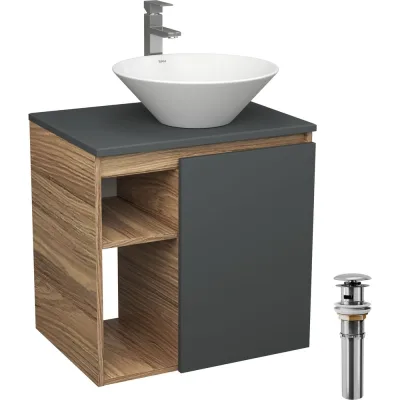 Тумба Bauedge Bau Dream Blackwood 60 правая, графит, раковина BAU Dream D43, смеситель для раковины высокий Hotel Still, нержавеющая сталь, выпуск клик клак, SD4258