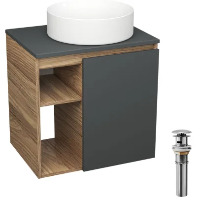 Тумба Bauedge Bau Dream Blackwood 60 правая, графит, раковина BAU Dream круглая D41, выпуск клик клак хром SD4235