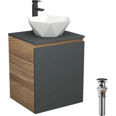 Тумба Bauedge Bau Dream Blackwood 50 графит, раковина BAU Crystal 40х40, смеситель для раковины высокий Hotel Black, черный, выпуск клик-клак, черный SD4099