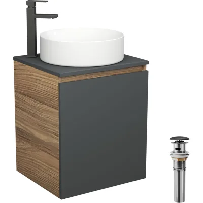 Тумба Bauedge Bau Dream Blackwood 50 графит, раковина BAU Dream круглая, смеситель для раковины высокий Hotel Black, черный, выпуск клик-клак, черный SD4054