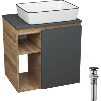 Тумба Bauedge Bau Dream Blackwood 60 правая, графит, раковина BAU Hotel Black Rand 48х37, выпуск клик клак черный SD4246