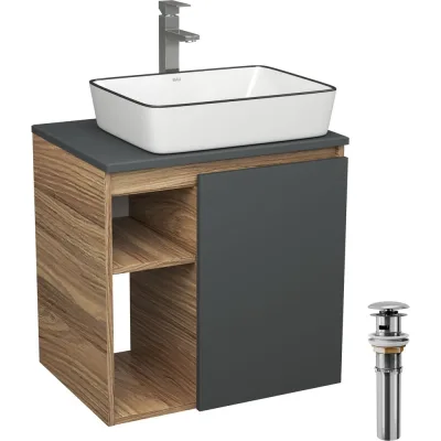 Тумба Bauedge Bau Dream Blackwood 60 правая, графит, раковина BAU Hotel Black Rand 48х37, смеситель для раковины высокий Hotel Still, нержавеющая сталь, выпуск клик клак SD4249