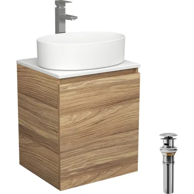 Тумба Bauedge Bau Dream Blackwood 50 с дверцей, раковина BAU Nimb 50x36, смеситель для раковины высокий Hotel Still, нержавеющая сталь, выпуск клик клак хром SD3043
