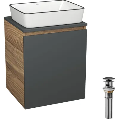 Тумба Bauedge Bau Dream Blackwood 50 графит, раковина BAU Hotel Black Rand 48х37, выпуск клик-клак, черный SD4058