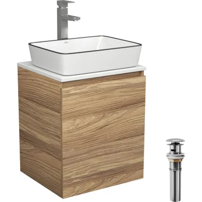Тумба Bauedge Bau Dream Blackwood 50 с дверцей, раковина BAU Hotel Black Rand 48х37, смеситель для раковины высокий Hotel Still, нержавеющая сталь, выпуск клик-клак, хром SD3061