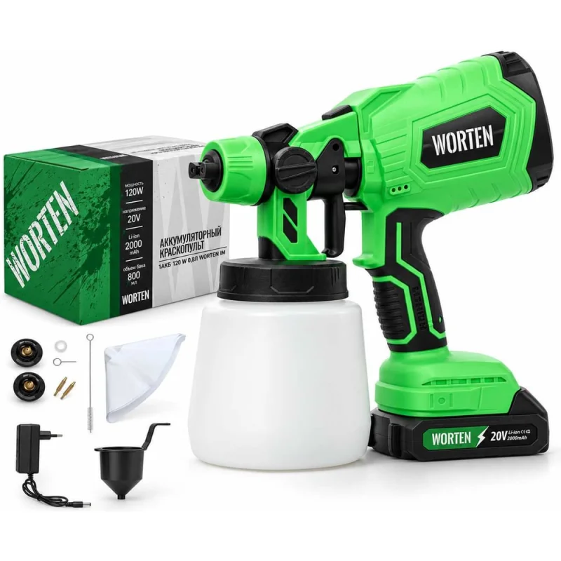 Аккумуляторный краскопульт, WORTEN 1х2 Ач, 120W 0,8л КА-90000336