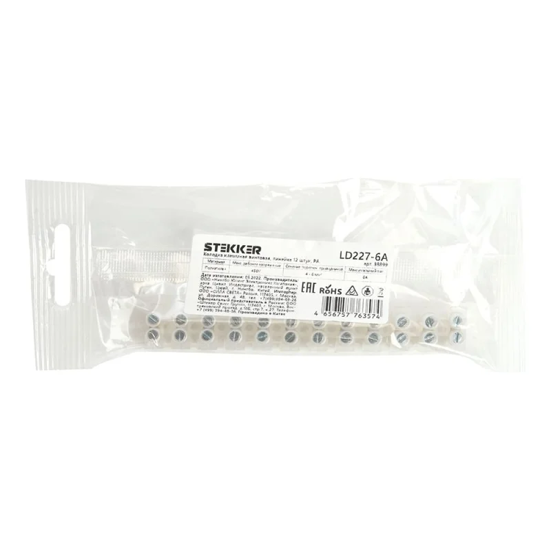 Клеммная винтовая колодка STEKKER линейка 12 штук, полиэтилен, LD227-6A DIY 39899