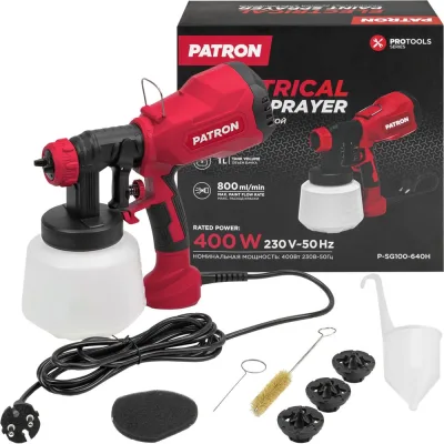 Краскопульт ручной электрический PATRON (230В, 400Вт, объем бачка 1л, макс.расход краски 800мл/мин) P-SG100-640H(65061)