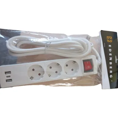 Розетка-удлинитель Edenberg 3м, 3 разъема, с переключателем и USB-кабелем, калибр провода 3 * 0,75 мм, диаметр провода 7 мм Н-11