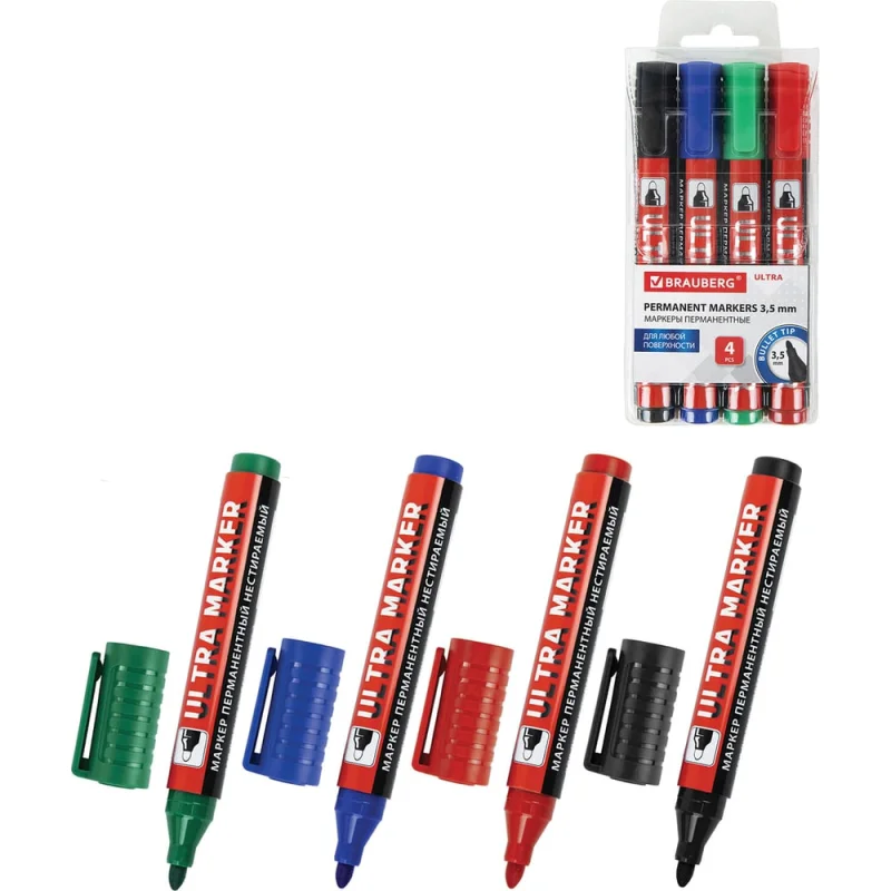 Перманентные маркеры BRAUBERG ULTRA MARKER, набор 4 цвета, круглый наконечник 3,5 мм 152208