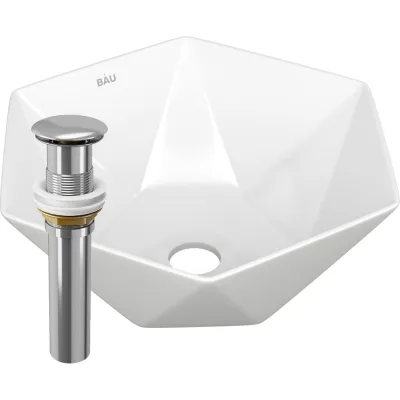 Раковина накладная на столешницу Bauedge BAU Crystal 40x40, белая + выпуск клик-клак, хром BH1193
