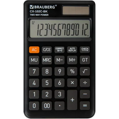 Калькулятор карманный BRAUBERG CX-102C-BK (76x126мм), 12 разрядов, двойное питание, черный 272647