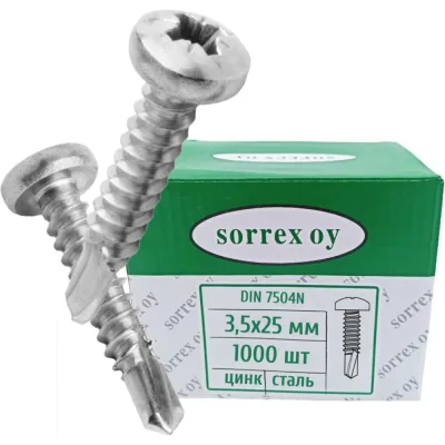 Саморез по металлу SORREX по металлу с полукруглой головкой 3,5x25 DIN 7504N оцинкованный со сверловым наконечником 100 штук 7504N-1-035-025-1000