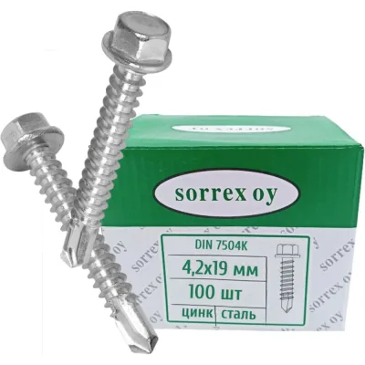Саморез с шестигранной головкой по металлу SORREX M4,2x19, DIN 7504K, оцинкованный, со сверлом, 100 шт. 7504K-1-042-019-100