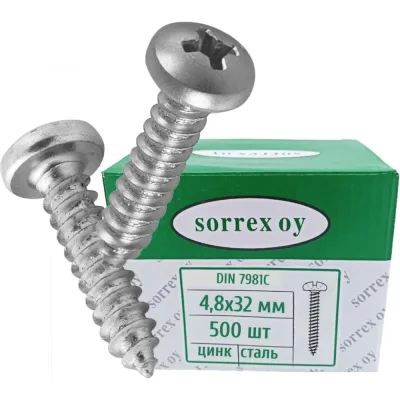 Саморез по металлу SORREX по металлу с полукруглой головкой 4,8x32 DIN 7981С оцинкованный с острым наконечником 500 штук 7981С-1-048-032-500