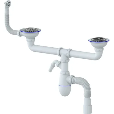 Сифон для двойной мойки Unicorn универсальный выпуск 3 1/2" на (Ø 40), жесткое соединение, круглый перелив, нержавеющая чашка Ø 115, отвод для стиральной машины, гибкий отвод Ø40×40/50, винт, шток, ручка - пластик B731VP