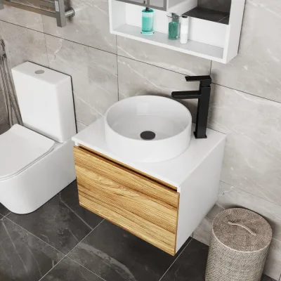 Комплект для ванной Bauedge 3 предмета (тумба Bau Dream Blackwood 80, раковина BAU Dream круглая D41, смеситель для раковины высокий Hotel Black, черный) BD1584